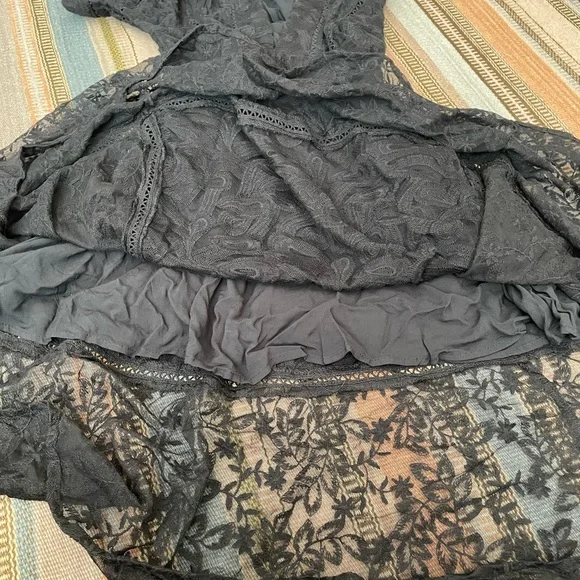 Free People Black V Neck Dress with Embroidered Pattern
